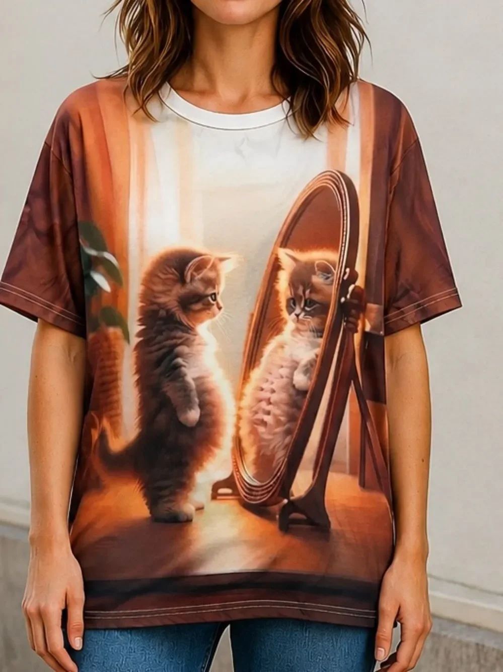 Whimsical Cat Mirror Graphic Tee Women’s 2XL Oversized Crewneck